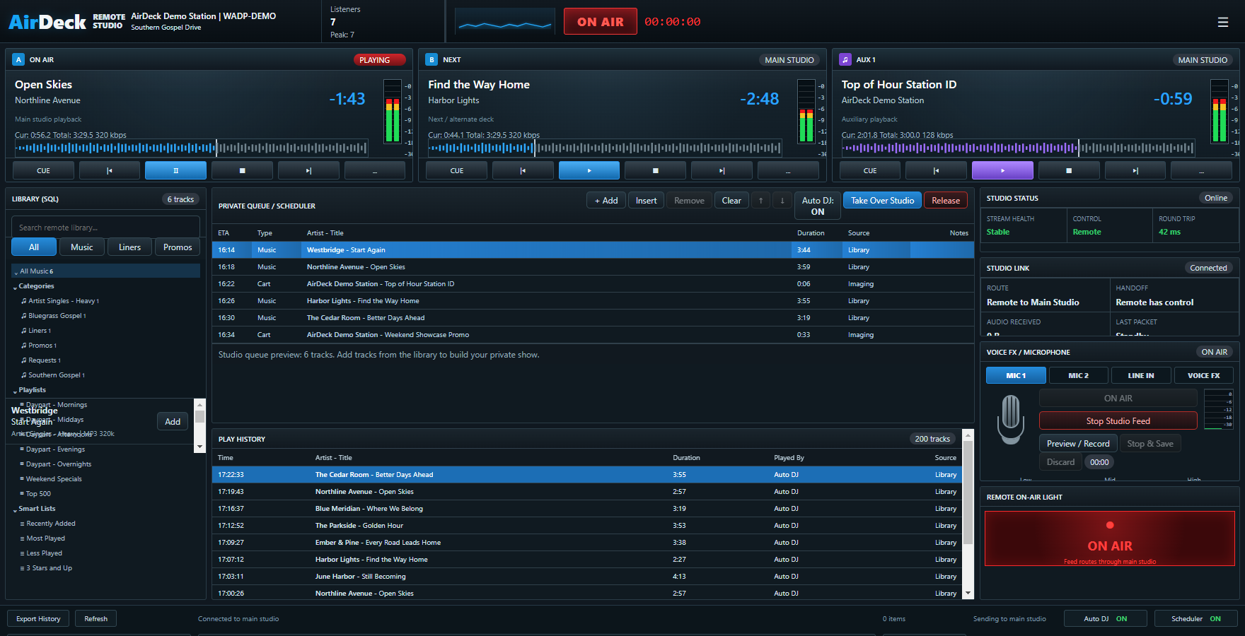 AirDeck Remote Studio with decks, private queue, library, microphone, and connection status